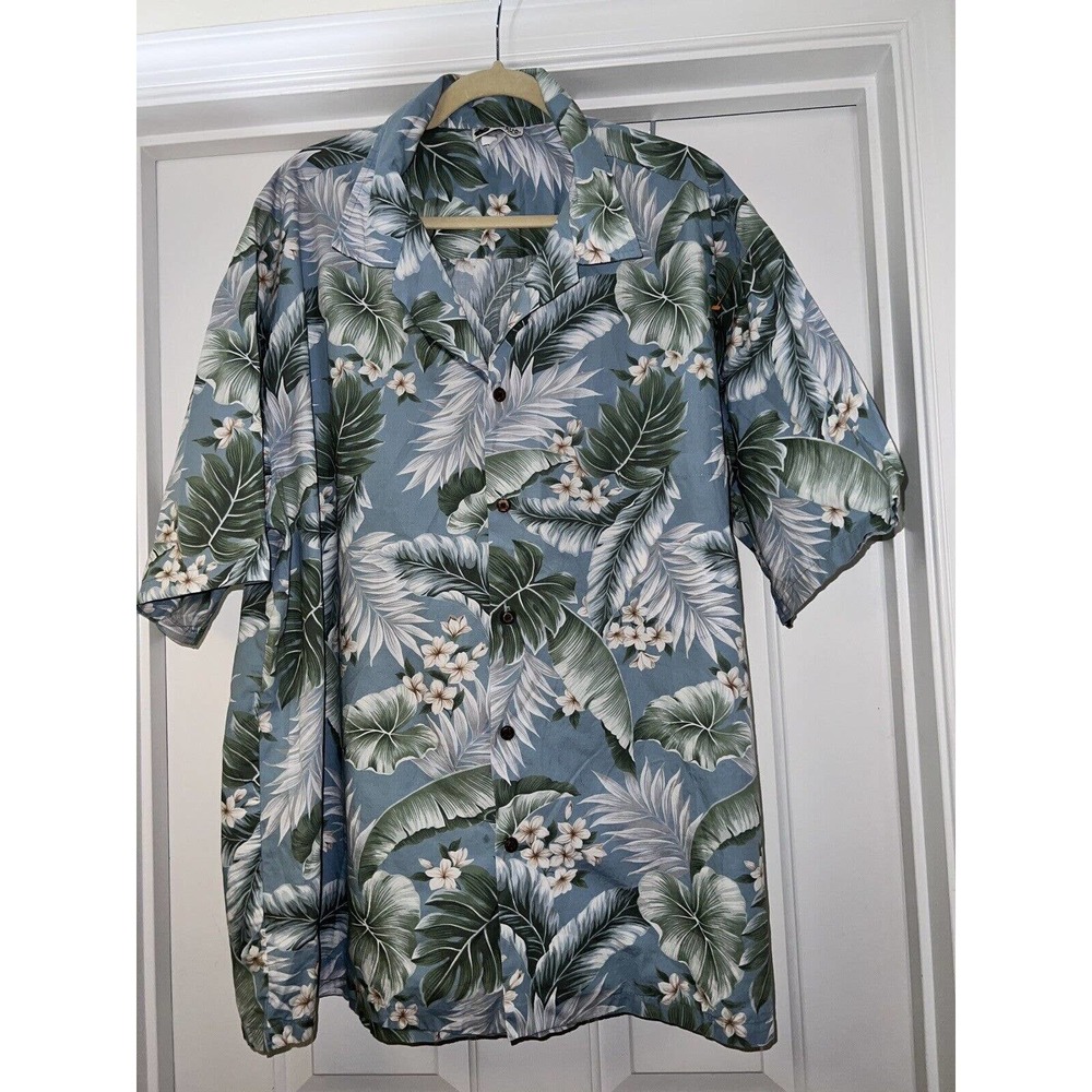 Aloha Republic Hawaiian Short Sleeve Shirt XL Blue Floral Palm Leaf Plumeria USA